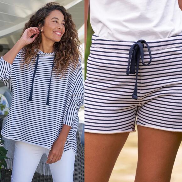 Frank & Eileen Kane Capelet Hoodie Pearl Sweatshorts Set Navy French Stripe - Picture 1 of 16